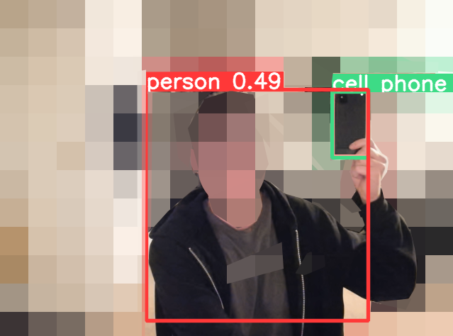 Screen capture of webcam feed after applying YOLOv5's out-of-box 'small'
model to a scene of me holding up my cell phone. Picture is heavily
blurred
