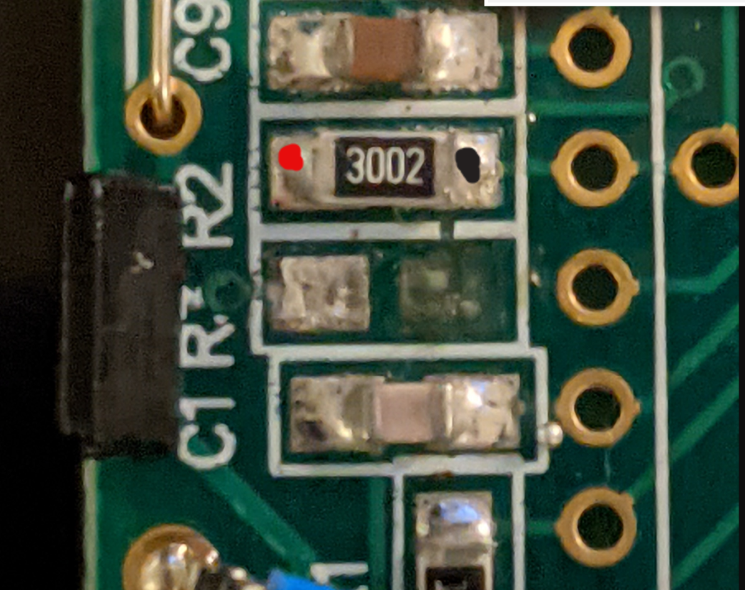 PM-128 with R3 solder pad missing; closeup